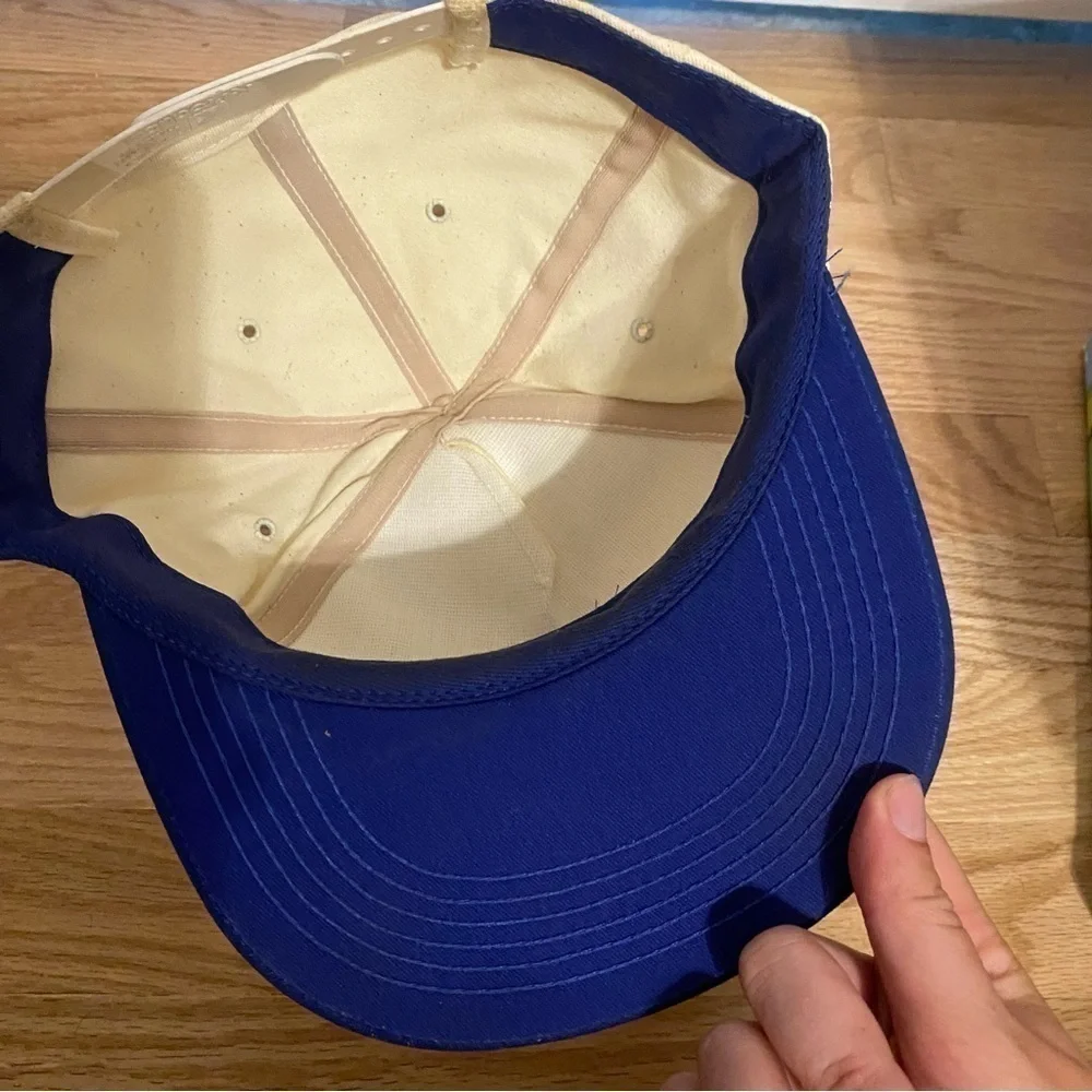 Vintage New Holland K Products Hat Blue Cream Snap Back